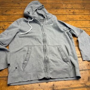 Hollister Gray‎ Full Zip Hoodie Distressed Holes Ripped Sleeve Graphic Logo XL